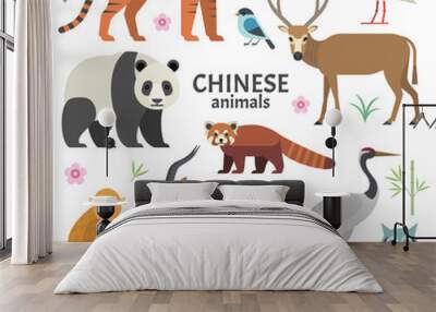 Vector illustration of Chinese animals: panda, red panda, David deer, tiger, crane, monkey, ibis, isolated on white background Wall mural