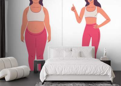 Weight loss. Vector illustration of cartoon young sad woman with overweight and same happy woman with slim body, standing on the scales. Isolated on white. Wall mural