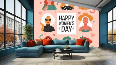 Women's Day greeting card. Vector illustration of diverse multi ethnic cartoon women portraits in modern flat style. Isolated on light pink background with doodle elements  Wall mural