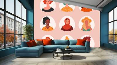 Women’s portraits collection. Vector illustration of diverse cartoon women faces in trendy flat style. Isolated on background Wall mural