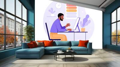 Work on the computer concept. Vector cartoon illustration of a young black man who performs the tasks assigned to him while working on a computer. Isolated on white Wall mural