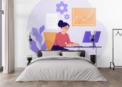 Work on the computer concept. Vector illustration in a trendy flat style of a young pretty woman who is immersed in working on a computer, studying analytics at her workplace. Isolated on white Wall mural