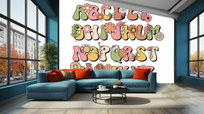 Boho groovy floral alphabet letters font. Vector illustration. Wall mural