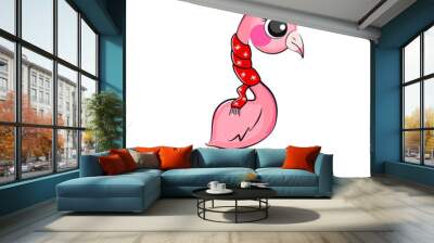 Cute pink flamingo in red scarf. Vector illustration. Wall mural