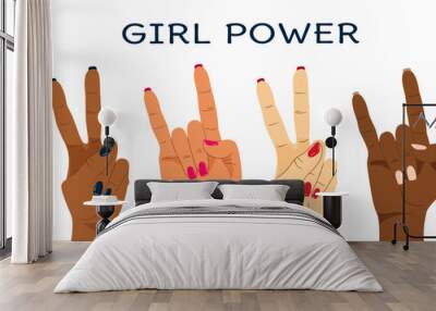 Female hands different nations showing victory gestures. Feminism concept. Vector illustration. Wall mural