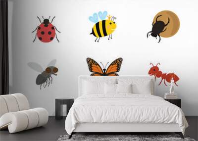 Funny insects, cute cartoon bugs vector set. Colored insects bee butterfly and ladybird, Wall mural