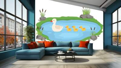 vector illustration of a duck and ducklings. mother duck swims in the lake with small ducklings arou Wall mural