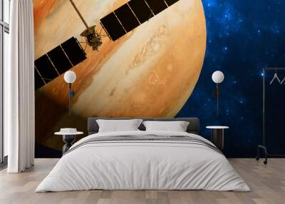 clipper spacecraft traveling to the moon europa with jupiter rising in the background. 3d rendering. Wall mural