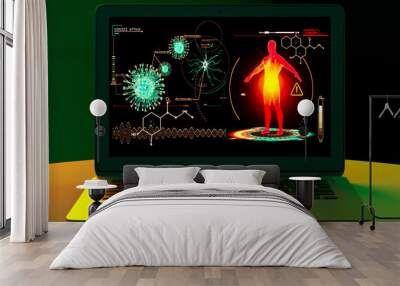 Human body attacked by viruses, scientific research. Genetic experimentation. Data reprocessing. Study program to eradicate the virus, experiment in the laboratory. Laptop computer. 3d rendering Wall mural