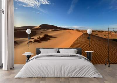 Merzouga, Morocco, Africa, panoramic view of the dunes in the Sahara desert, grains of sand forming small waves on the beautiful dunes at sunset 
 Wall mural