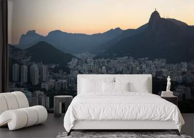 Rio de Janeiro, Brazil: panoramic view at sunset from Sugarloaf Mountain with view of Humaitá district, the Christ the Redeemer on top of Mount Corcovado, Botafogo district and beach Wall mural