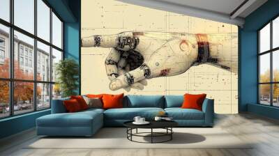 Study of a robotic hand seen from the side, pointing finger. Drawing on a sheet of paper. Robotic and cybernetic parts. Ai generative Wall mural