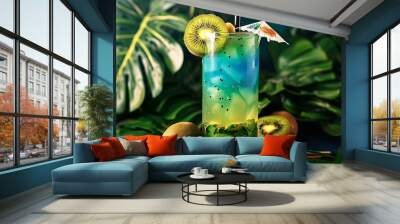 A refreshing tropical cocktail in a tall glass, with a gradient of blue and green, adorned with a paper umbrella and a slice of kiwi, surrounded by tropical leaves, Wall mural