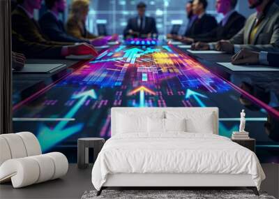 An executive boardroom with a futuristic touchscreen table displaying a vibrant business graph with arrows showing profit increases, surrounded by focused businesspeople, Wall mural