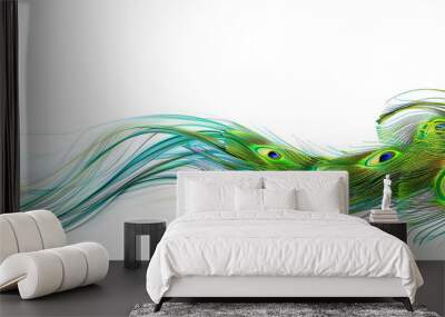 Peacock feather green wave abstract, vibrant and iridescent peacock feather green wave flowing smoothly on a white background. Wall mural