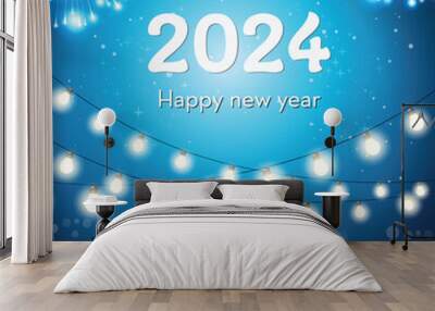 Colorful fireworks 2024 New Year background and text Happy New Year design in the night sky. written sparklers on a festive blue background with fireworks Wall mural