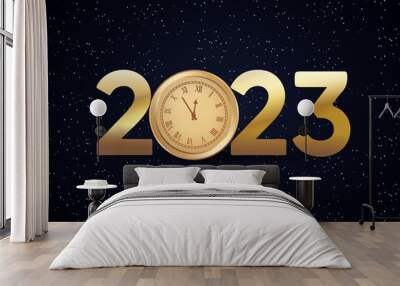 Gold Happy New Year 2023 with clock face and burst glitter sparkles on black background. Vector illustration. Merry Christmas template design for posters, flyers, brochures, or vouchers Wall mural