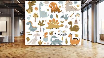 Big collection of cute dinosaurs. Wall mural