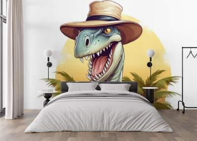 Illustration of dinosaur wearing a summer hat on a white background. Wall mural