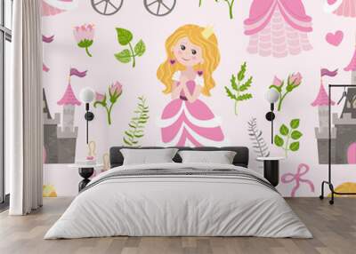 Seamless patern with beautiful princess, castle, carriage and accessories. Wall mural