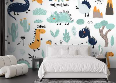 Set of cute dinosauts, foliage, volcano, cactus Wall mural