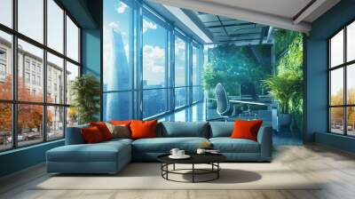 Modern science fiction futuristic interior office design with green wall plants and beautiful twilight cityscape view. 3d rendering  Wall mural