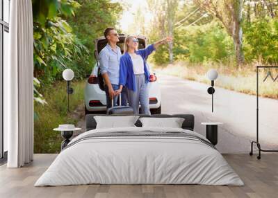 A girl and a guy on a country road with suitcases and a bag are ready to go on the trip by car. Wall mural