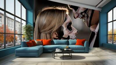 Halloween couple. Dressed in wedding clothes romantic zombie Wall mural