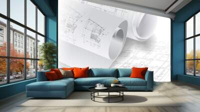 architectural background with rolls of drawings Wall mural