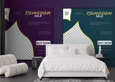 Fast food social media post design template for restaurant, Super Delicious biryani,
 Square banner with purple and green gradient background.
 Ramadan special biryani online sale promotion. Wall mural