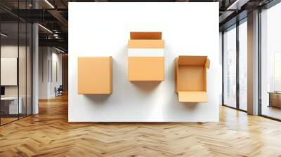 Cardboard Boxes in Various States: Closed, Taped, and Open with Flaps - Realistic 3D Shadows on White Background Wall mural