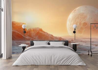 Alien Landscape with Large Moon and Distant Sun Wall mural