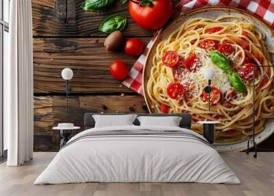 Delicious Plate of Pasta with Cherry Tomatoes and Basil on Rustic Wooden Table Wall mural