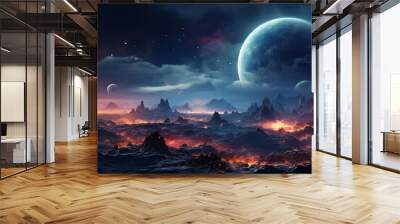 Fantasy alien planet. Mountain and moon. Wall mural