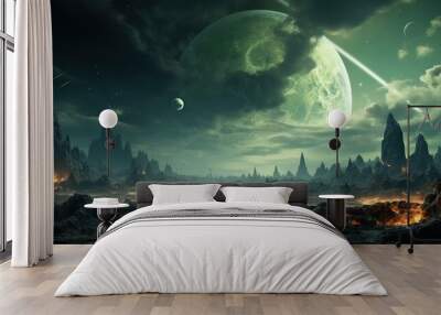 Fantasy landscape with green planet. Wall mural