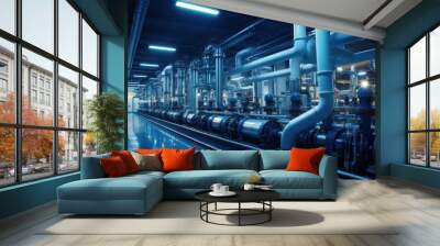 industrial zone, steel pipelines and equipment in blue tones. Wall mural