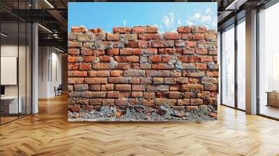 Old Brick Wall Under Bright Blue Sky with Clouds: Textured Red Brickwork Creates Rustic Outdoor Scene Wall mural