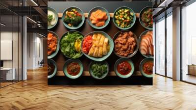 Top view of a set of different types of Japanese food on a black background. Wall mural