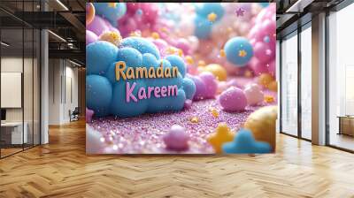 Colorful 3D render of the words 'Ramadan Kareem' on a cloud in a whimsical background of stars, clouds and glitter. Wall mural