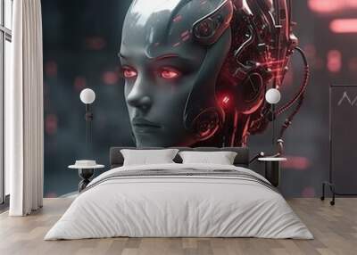 robot with female features, visible mechanical parts, armor with little shine, red neon lights, blurred background Wall mural