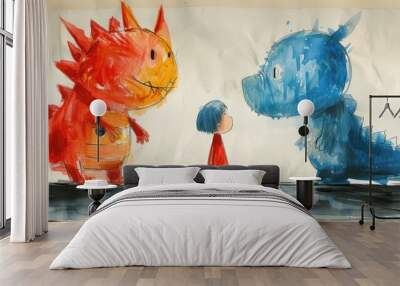 a child befriends two monsters. children's draw on drawing book using crayon	 Wall mural