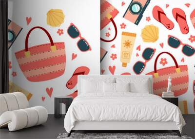 Vector summer composition and pattern with beach bag, sunglasses, seashell, flip-flops, camera and sunscreen Wall mural