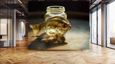 A fish made of gold swimming inside a small glass container. Generative AI Wall mural