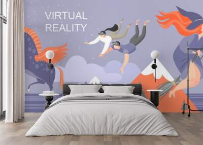 Banner with young people traveling around the fairy world with virtual reality glasses Wall mural