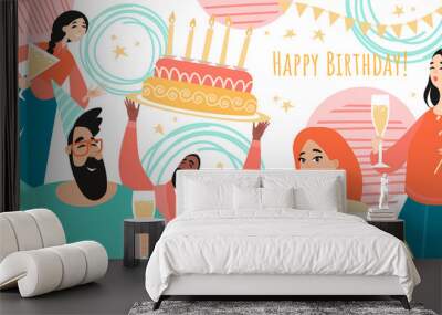 Birthday greeting banner template with cheerful young people drinking wine and a big cake. Wall mural