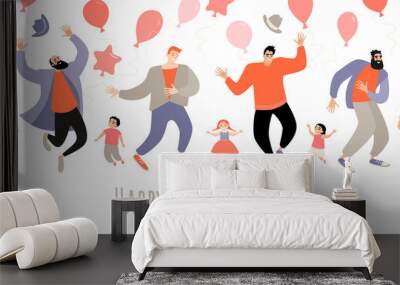 Congratulatory banner for Father's Day with funny daddies and kids jumping and having fun isolated on white background. Wall mural