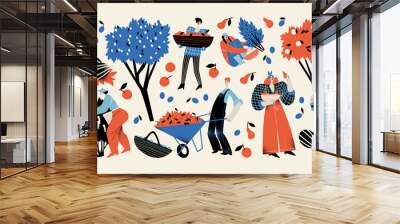 Harvest time. People with baskets, boxes, a wheelbarrow collect fruits and berries in the garden Wall mural