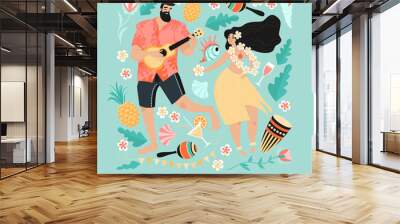 Hawaiian party concept with a man playing the guitar and dancing girl, musical instruments, drinks and tropical plants. Wall mural