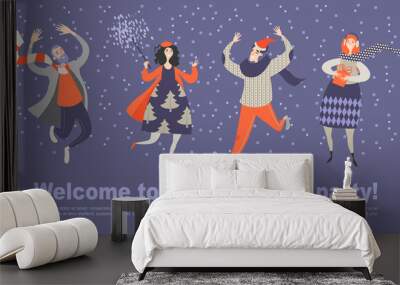 Invitation card for New Year party. Four happy friends celebrate the coming of the new year together Wall mural