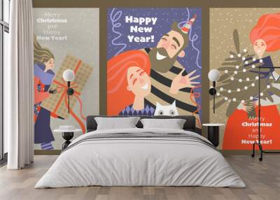 Set of cards for Christmas and New Year with funny characters in cartoon style Wall mural